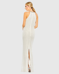 Beaded Sleeveless High Neck Column Gown - White