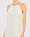 Beaded Sleeveless High Neck Column Gown - White