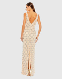 Beige Sleeveless Hand Beaded V-Neck Gown - Back