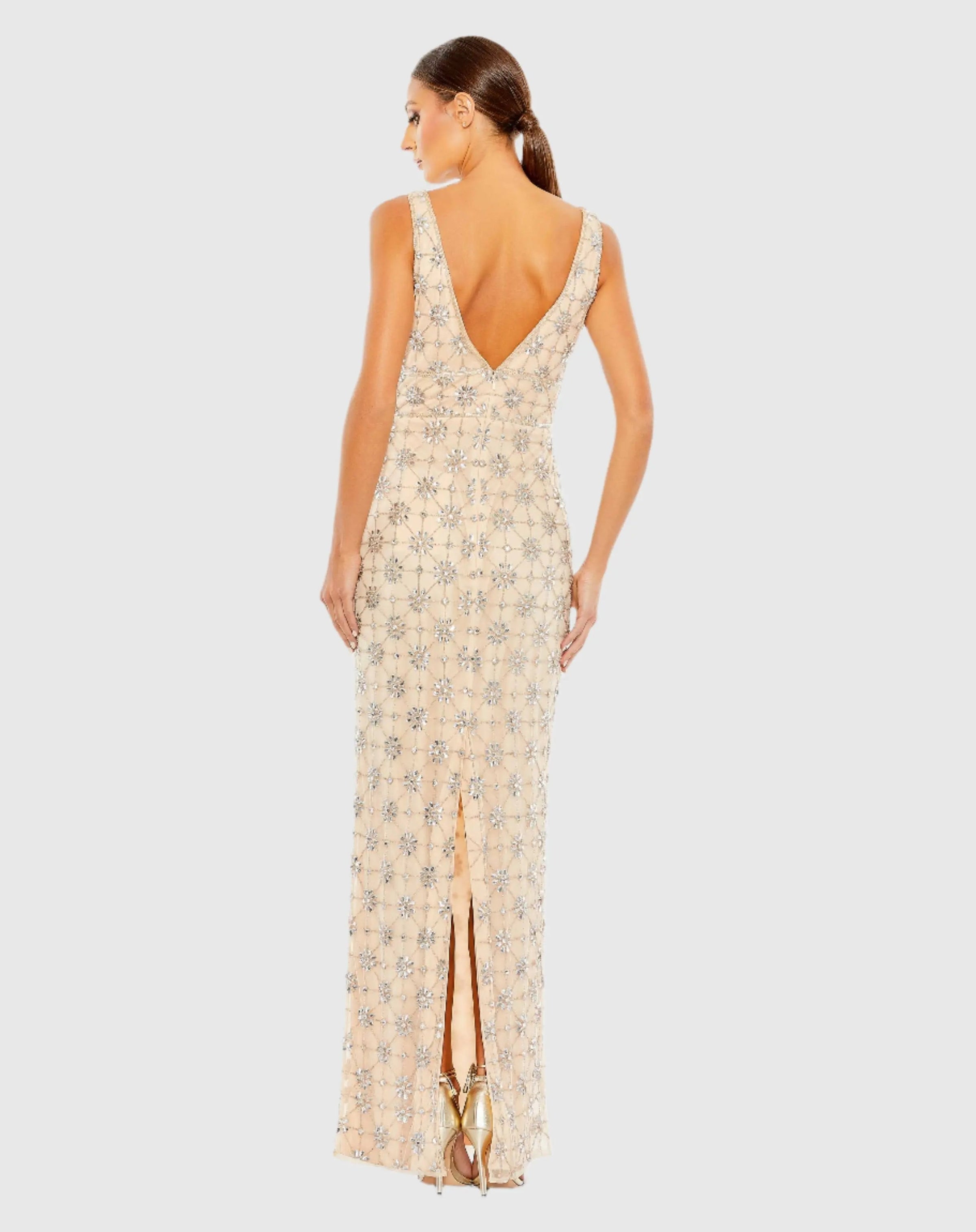 Beige Sleeveless Hand Beaded V-Neck Gown - Back