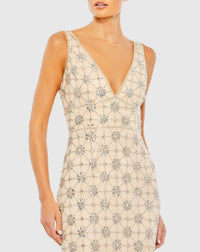 Beige Sleeveless Hand Beaded V-Neck Gown - Close Up