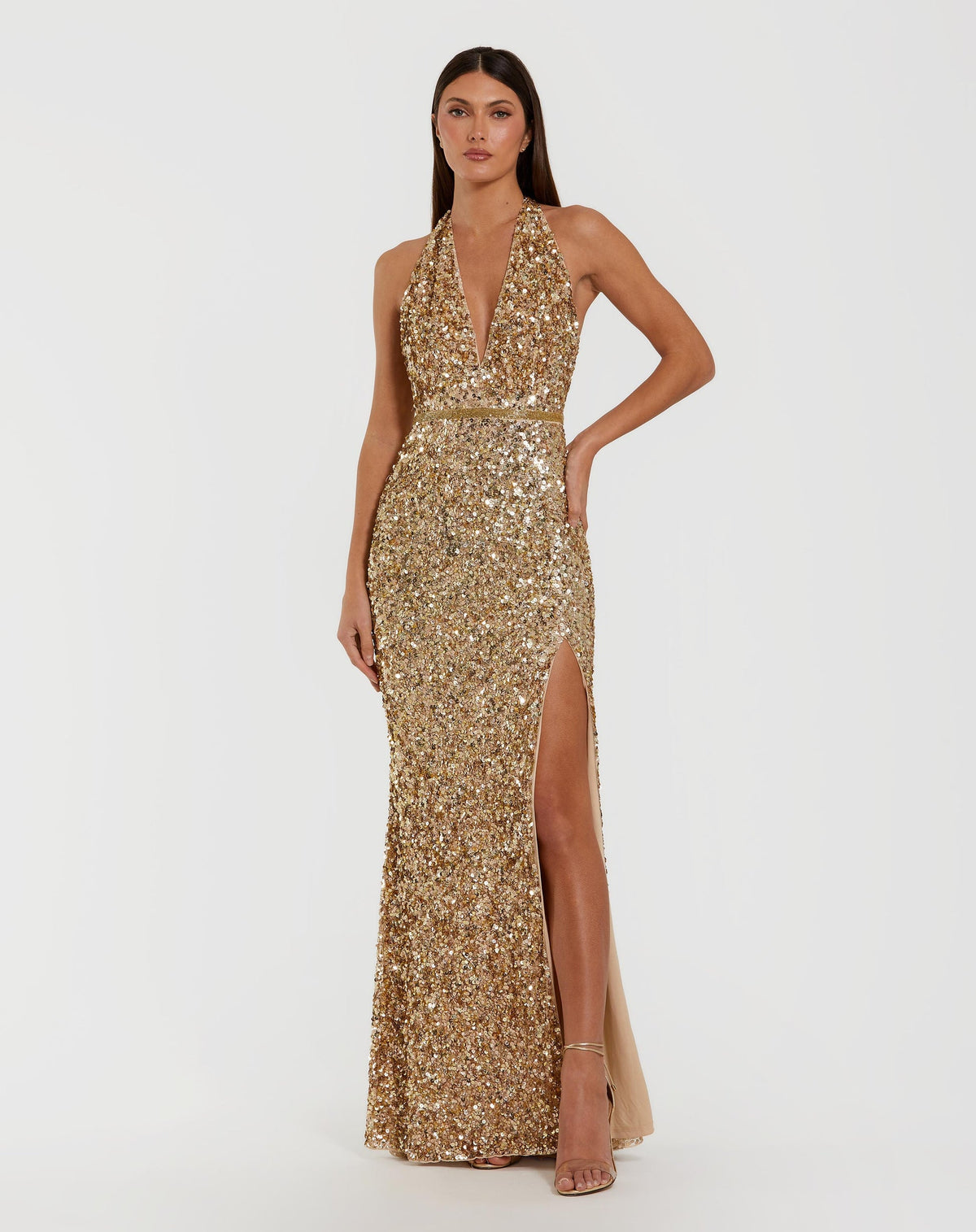 Mac Duggal #93745 Sequined Halter High Slit Gown

