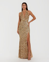 Mac Duggal #93745 Sequined Halter High Slit Gown

