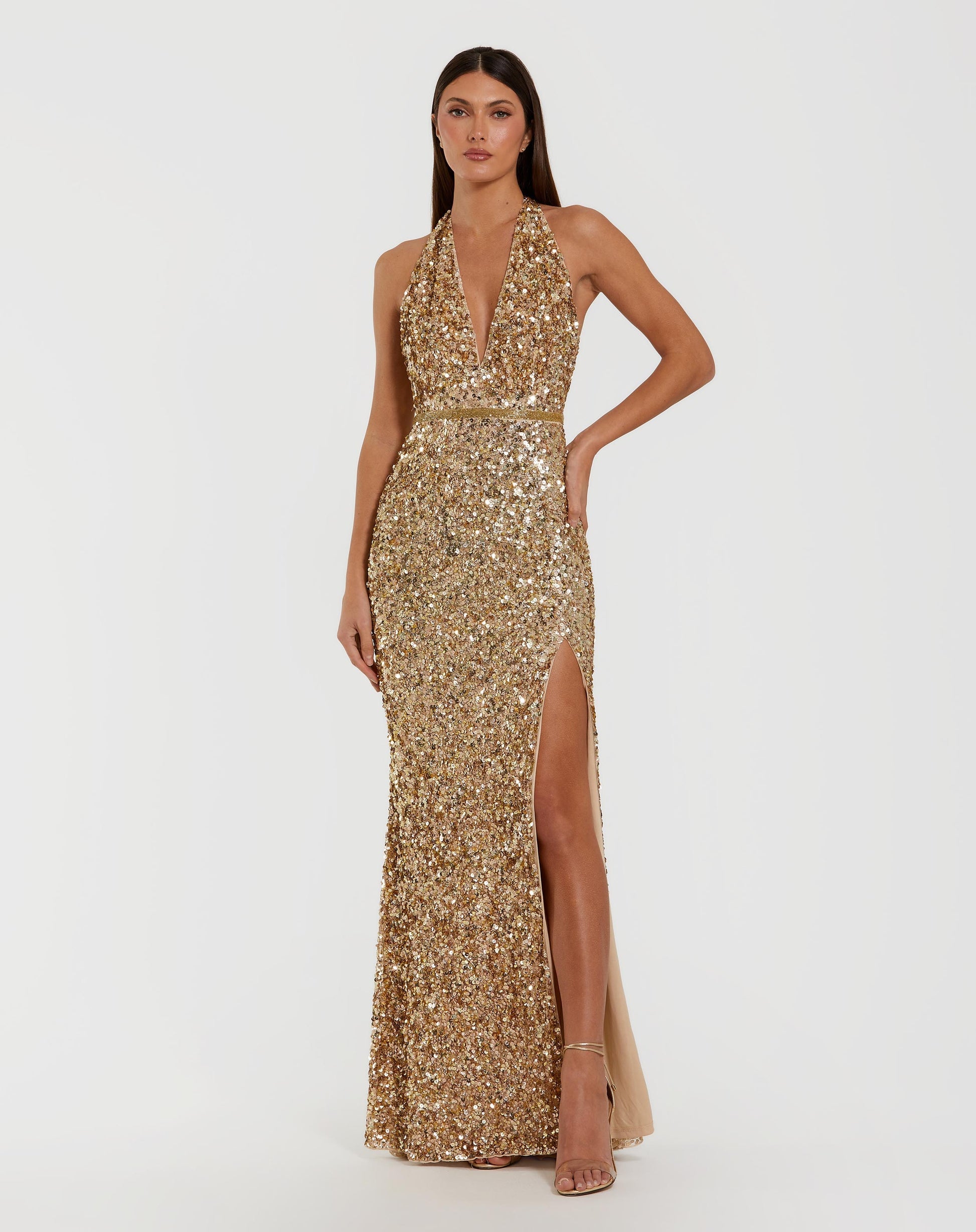 Mac Duggal #93745 Sequined Halter High Slit Gown

