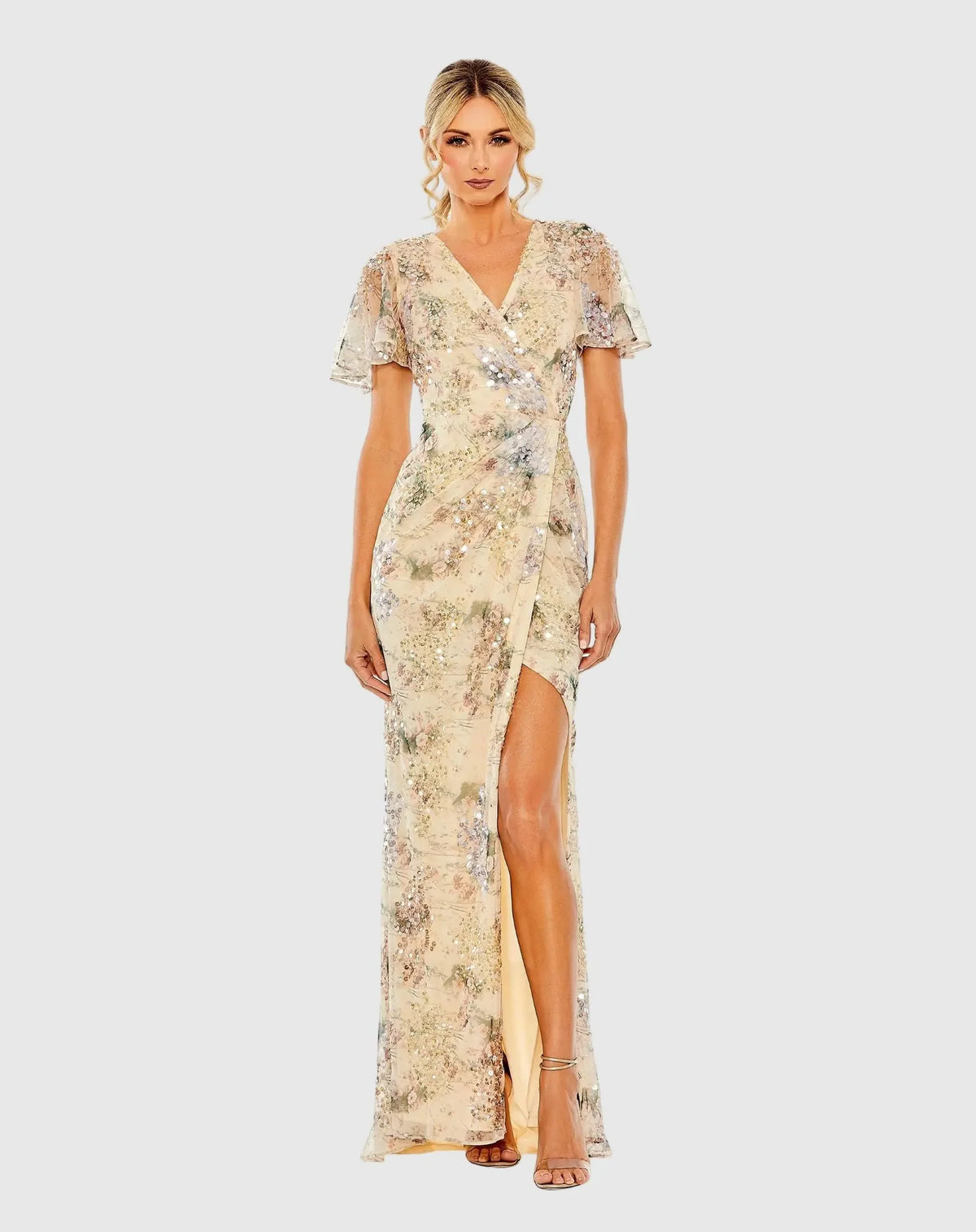 Mac Duggal Champagne Short sleeve crystal embellished faux wrap gown #93749 