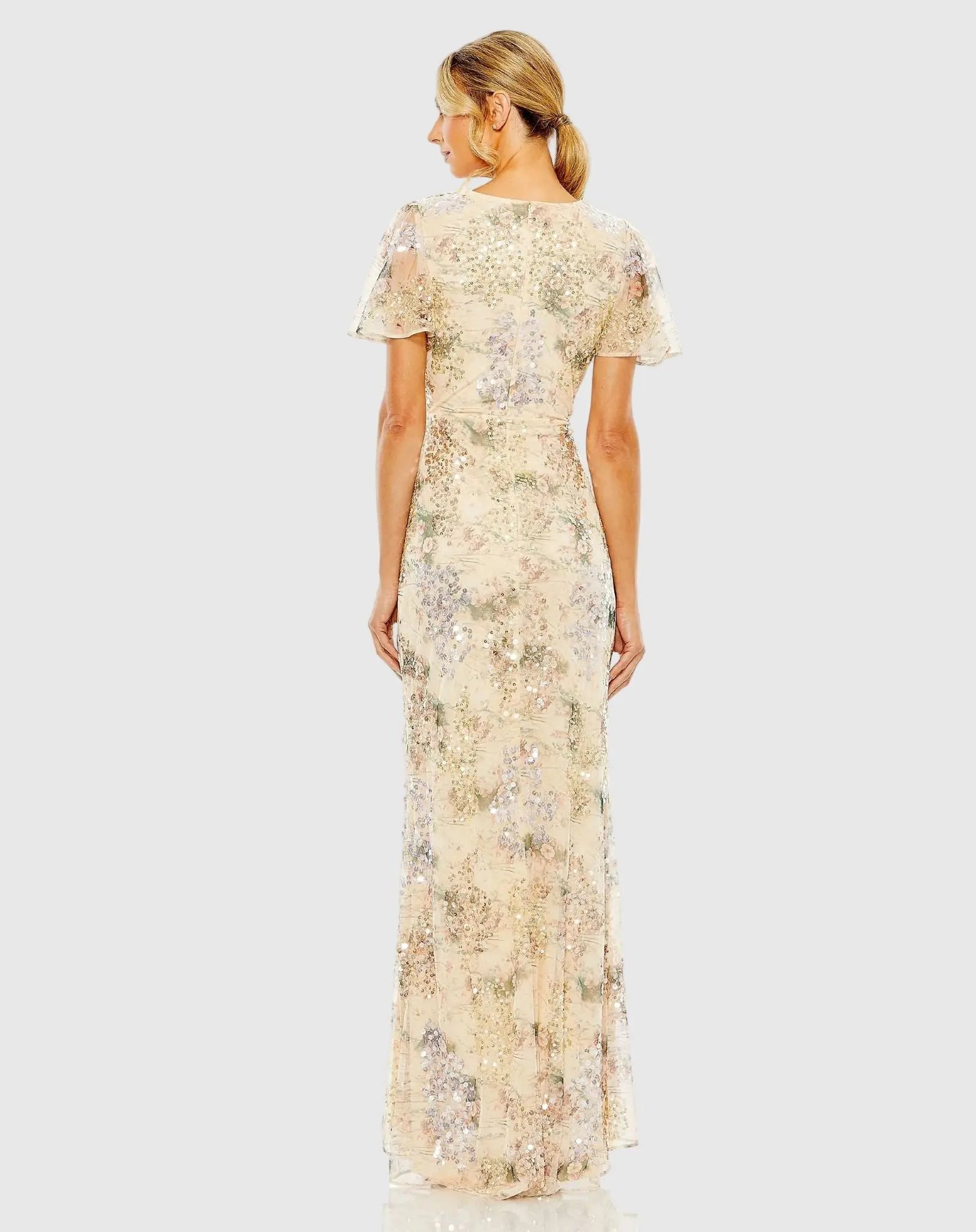 Mac Duggal Champagne Short sleeve crystal embellished faux wrap gown #93749 