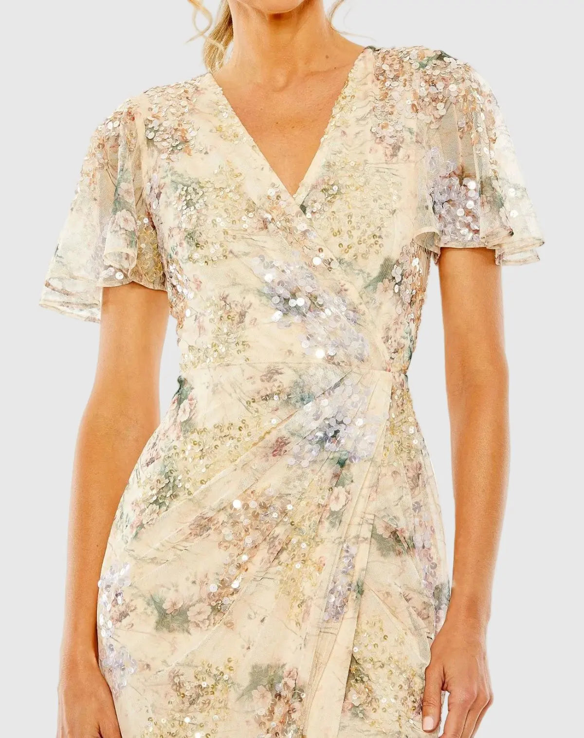 Mac Duggal Champagne Short sleeve crystal embellished faux wrap gown #93749 