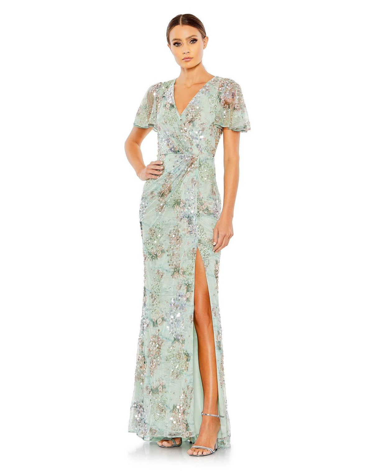 mac duggal Style #93749 EMBELLISHED BUTTERFLY SLEEVE FAUX WRAP GOWN 