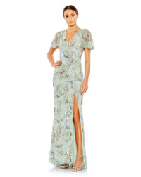 mac duggal Style #93749 EMBELLISHED BUTTERFLY SLEEVE FAUX WRAP GOWN 