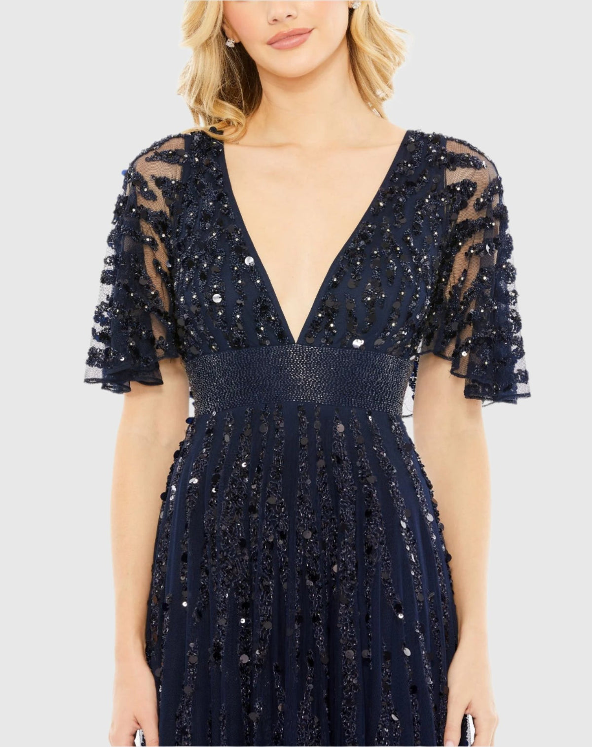 Embellished V-neck Column Gown - Midnight Blue