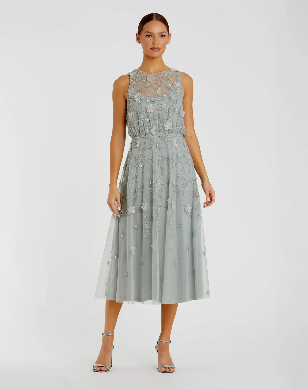 Mac Duggal 9380 Sage floral embellished sleeveless midi dress - Front