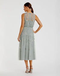 Mac Duggal 9380 Sage floral embellished sleeveless midi dress - Back view
