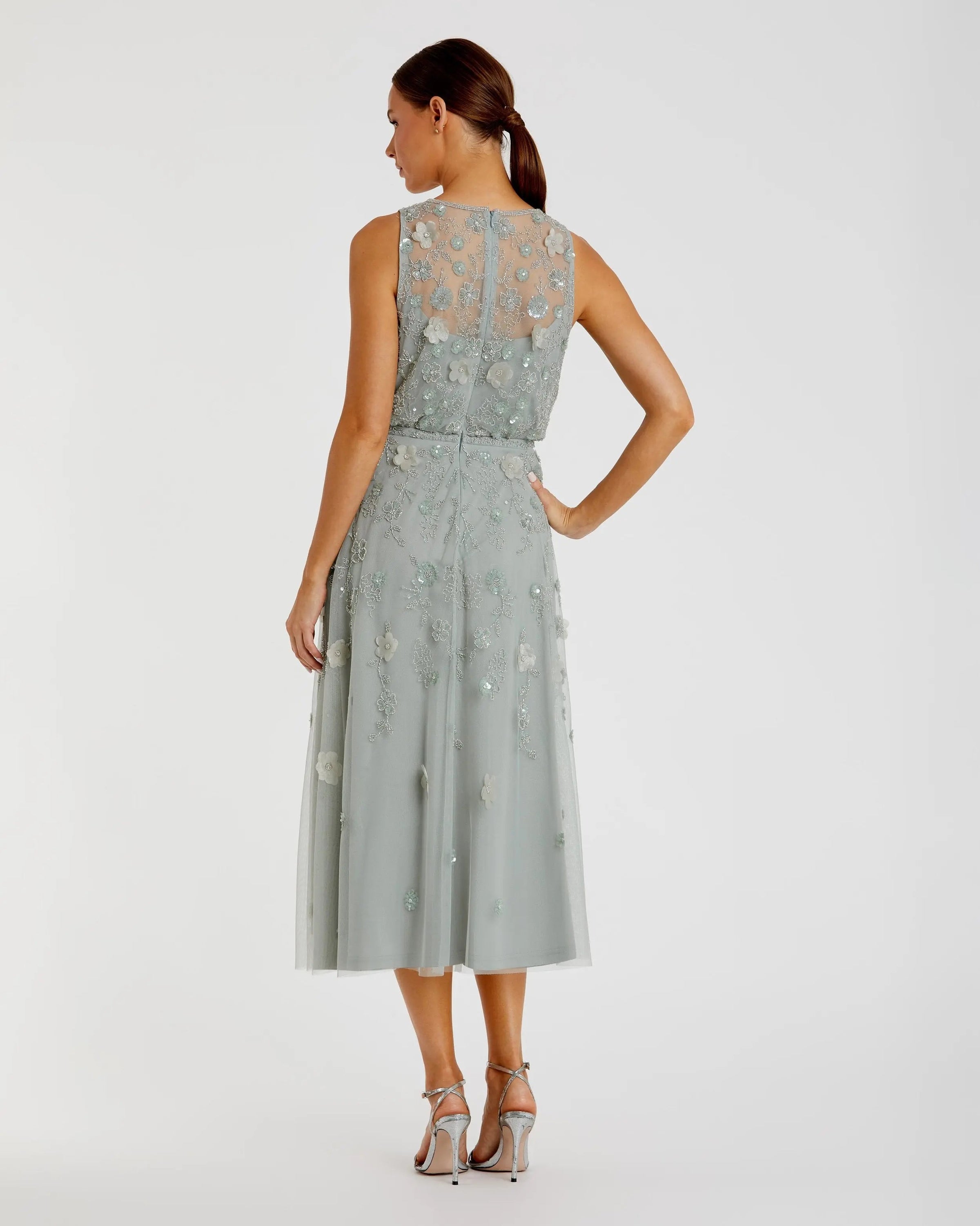 Mac Duggal 9380 Sage floral embellished sleeveless midi dress - Back view