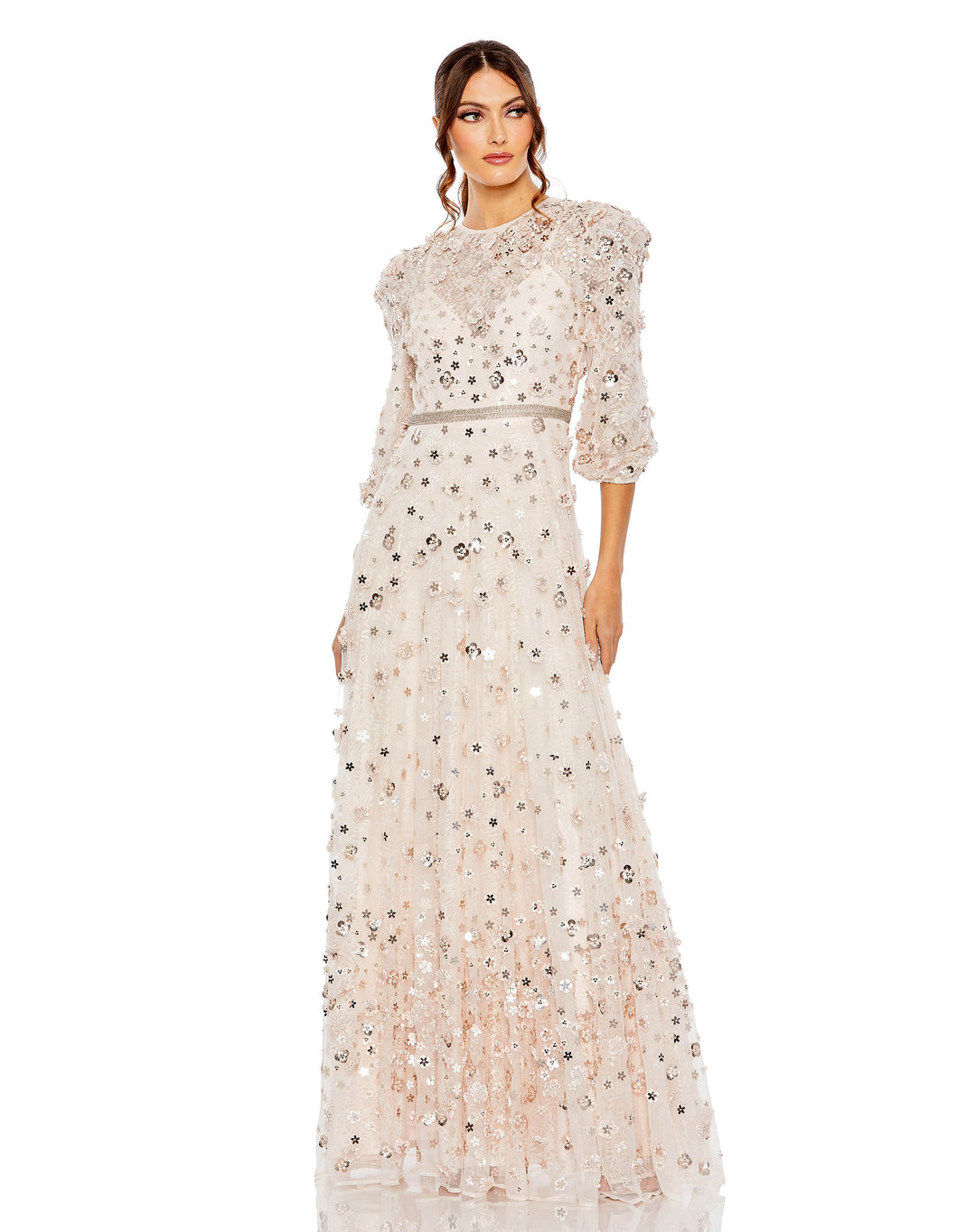 mac duggal, FLORAL APPLIQUE PUFF SLEEVE HIGH NECK A-LINE modest GOWN, Style #93805, blush