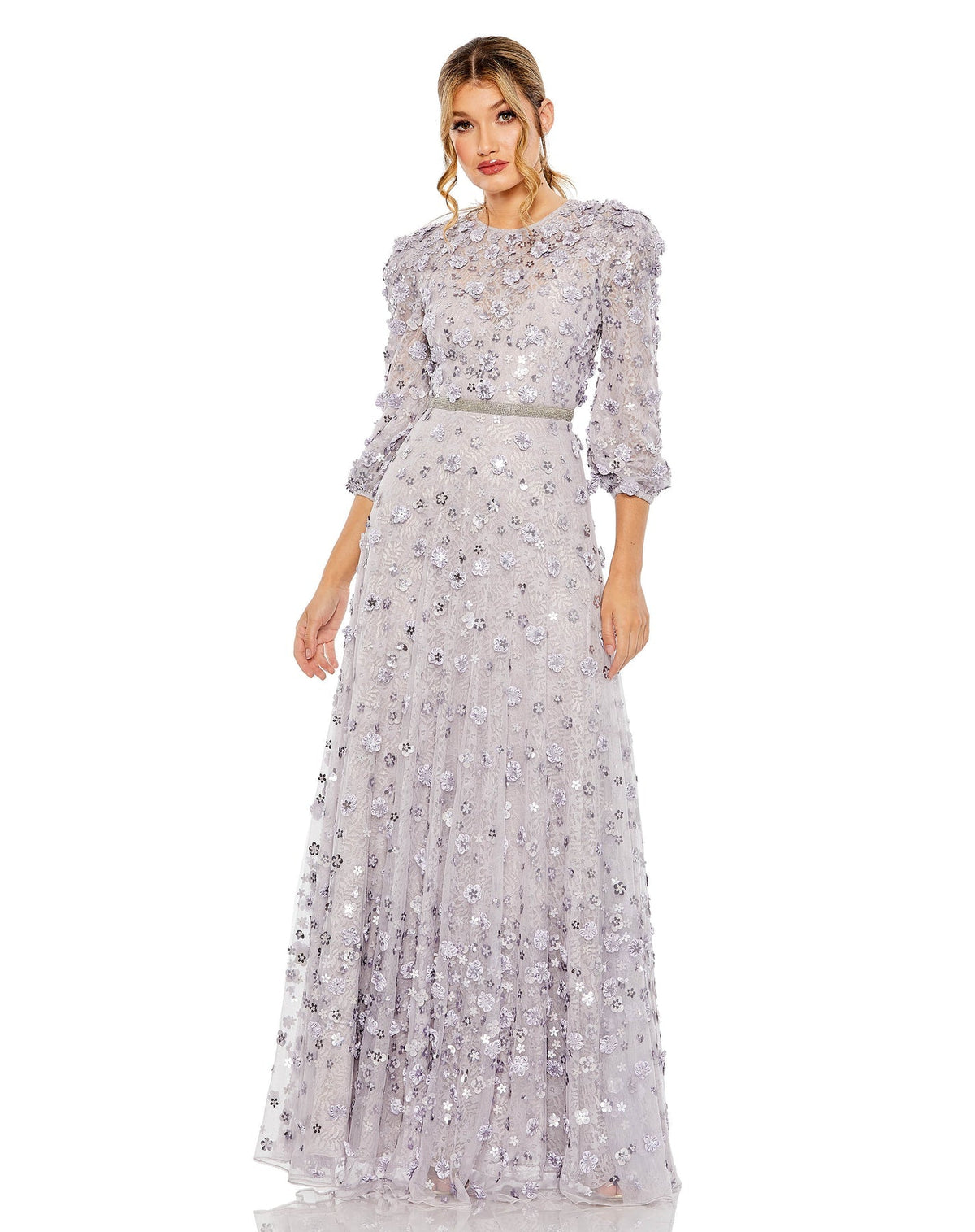mac duggal, FLORAL APPLIQUE PUFF SLEEVE HIGH NECK A-LINE modest GOWN, Style #93805, platinum