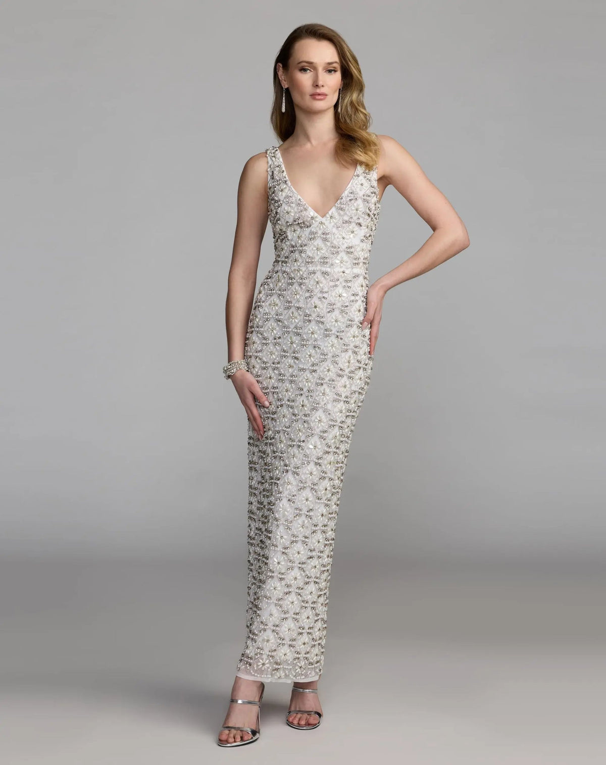 Mac Duggal White Pearl Embellished Sleeveless Column Dress #93807 