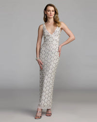 Mac Duggal White Pearl Embellished Sleeveless Column Dress #93807 