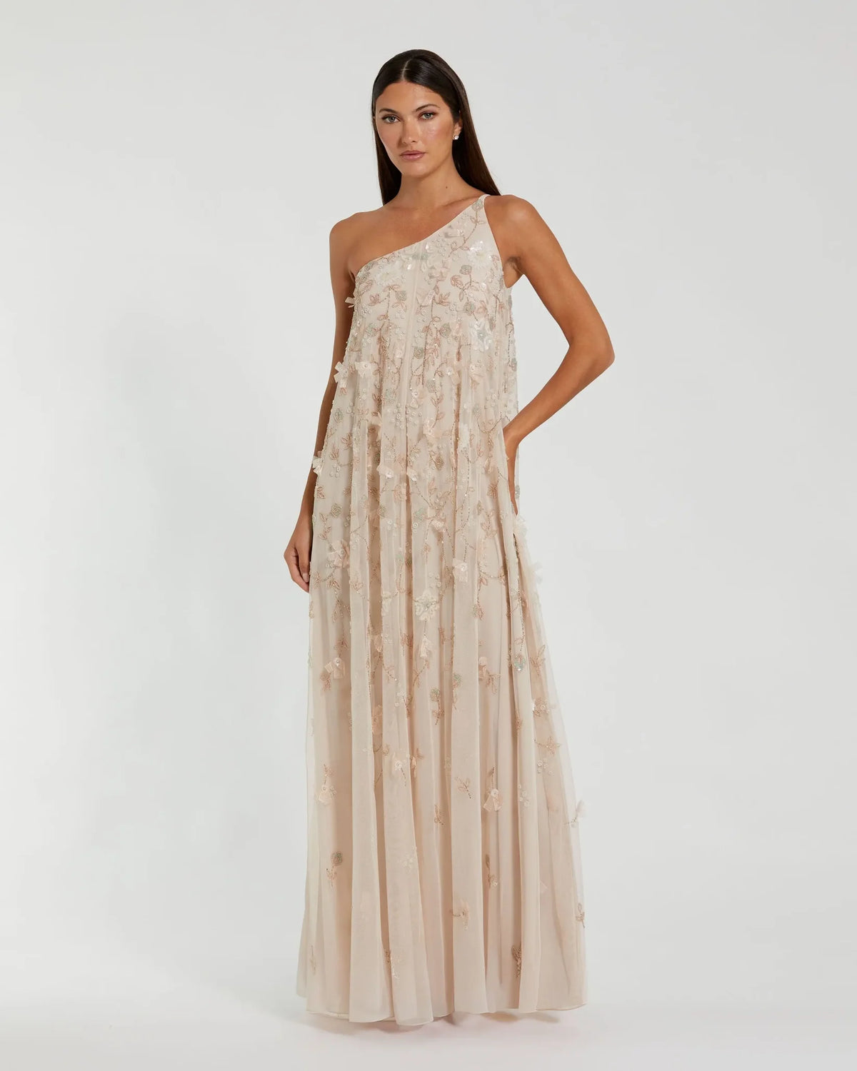 formal trapeze dress Mac Duggal Beige One Shoulder Floral Embellished Trapeze Gown #9381 – Shaide Boutique