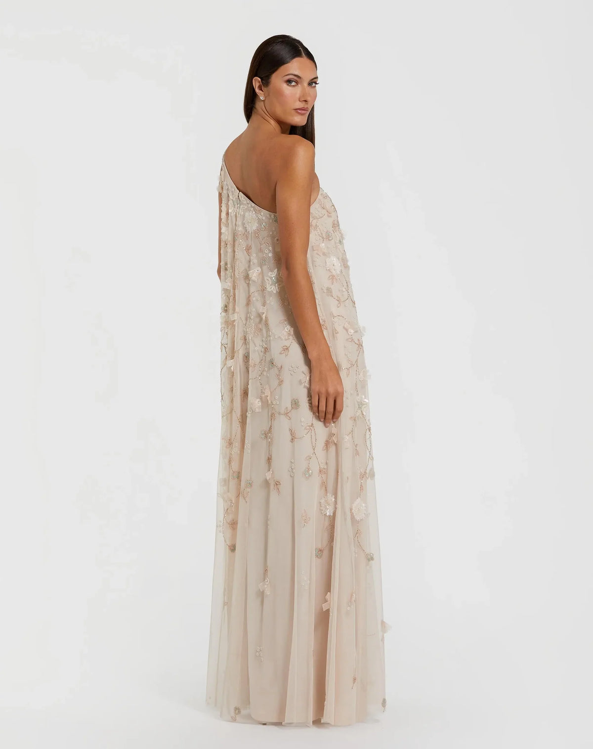 Mac Duggal Beige One Shoulder Floral Embellished Trapeze Gown #9381