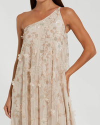 Beige One Shoulder Floral Embellished Trapeze Gown