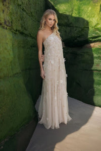 Beige One Shoulder Floral Embellished Trapeze Gown