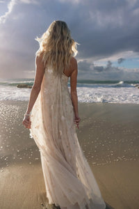 Beige One Shoulder Floral Embellished Trapeze Gown