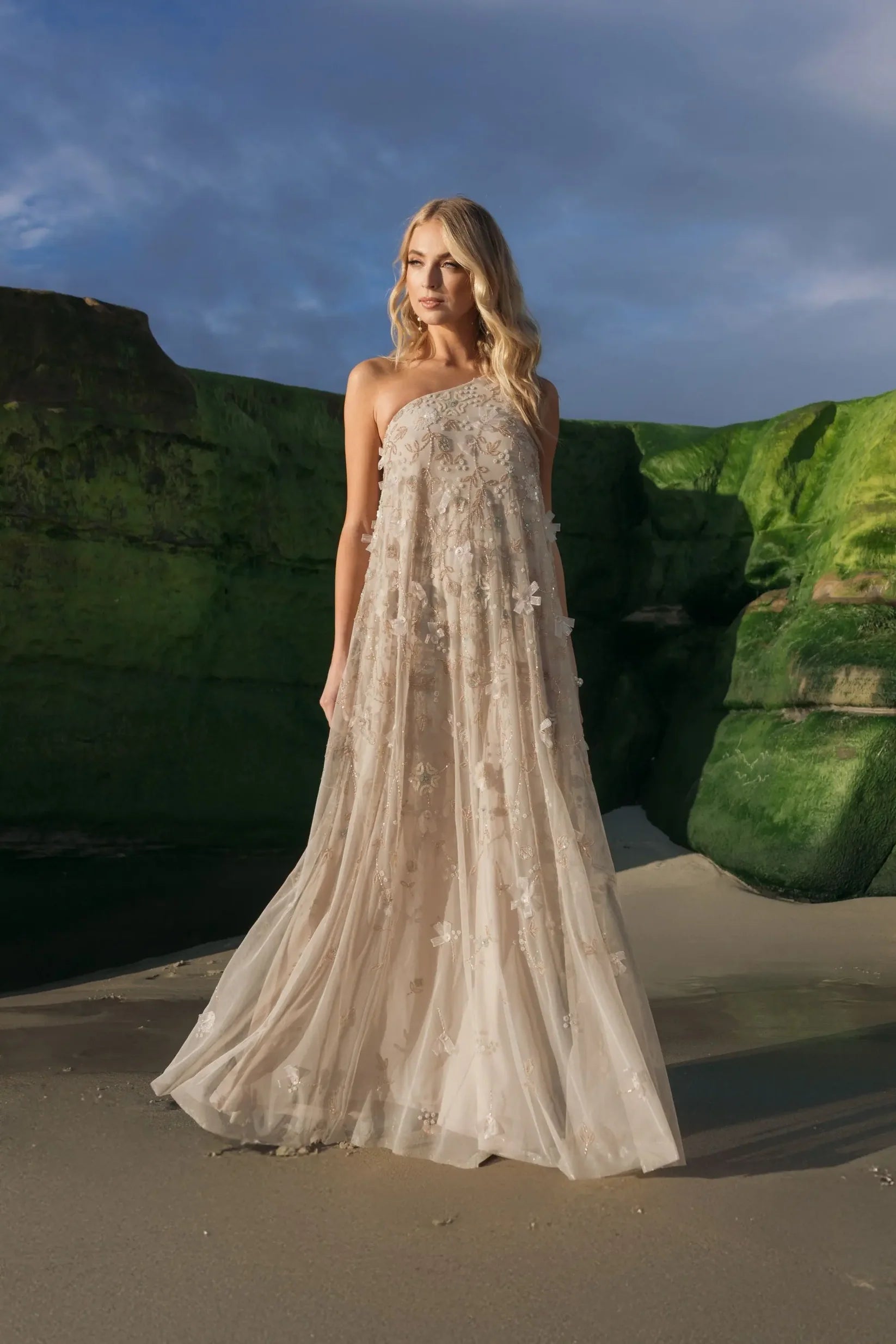 Beige One Shoulder Floral Embellished Trapeze Gown