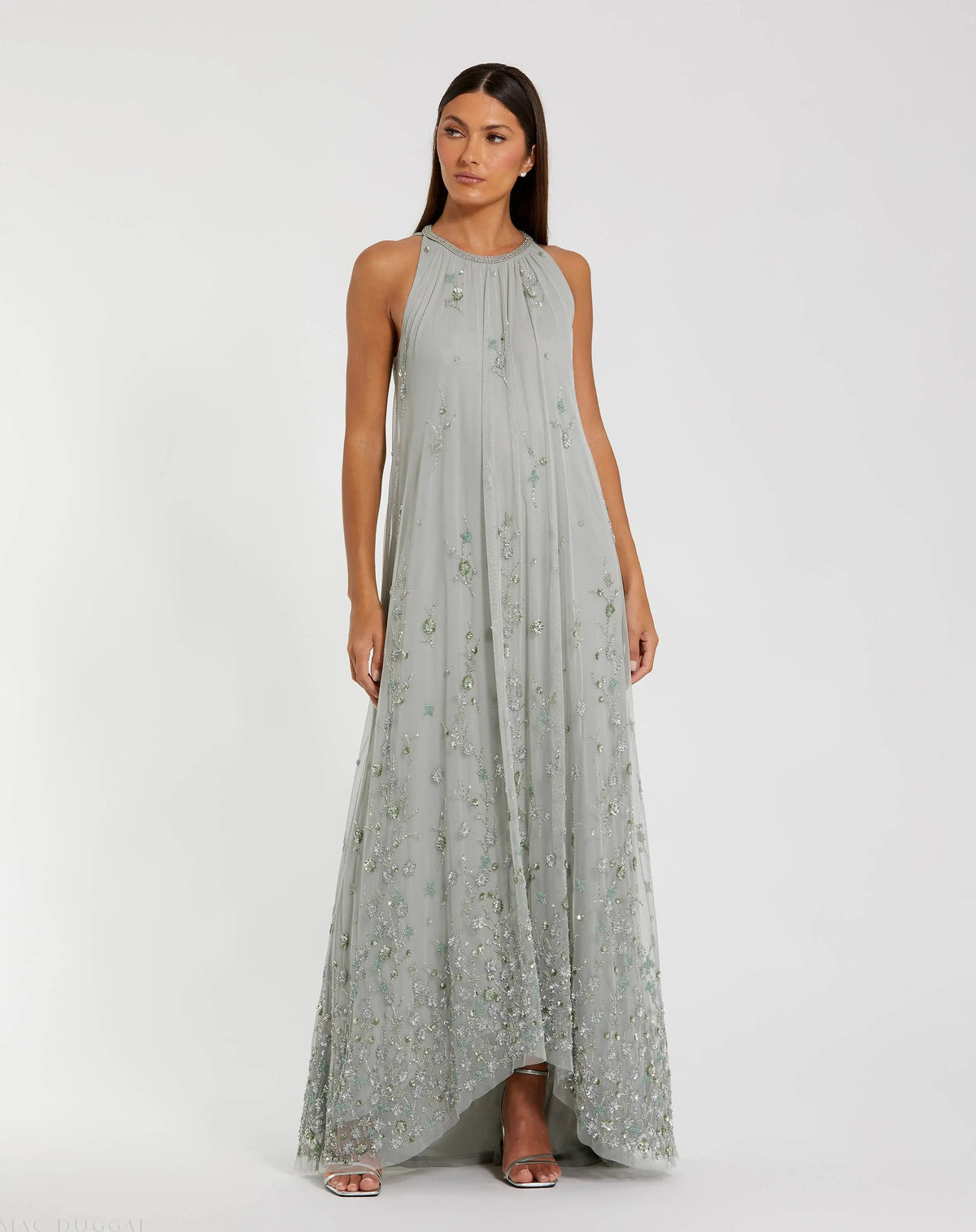 Mac Duggal 9382 Sage high neck floral embellished trapeze gown - Front