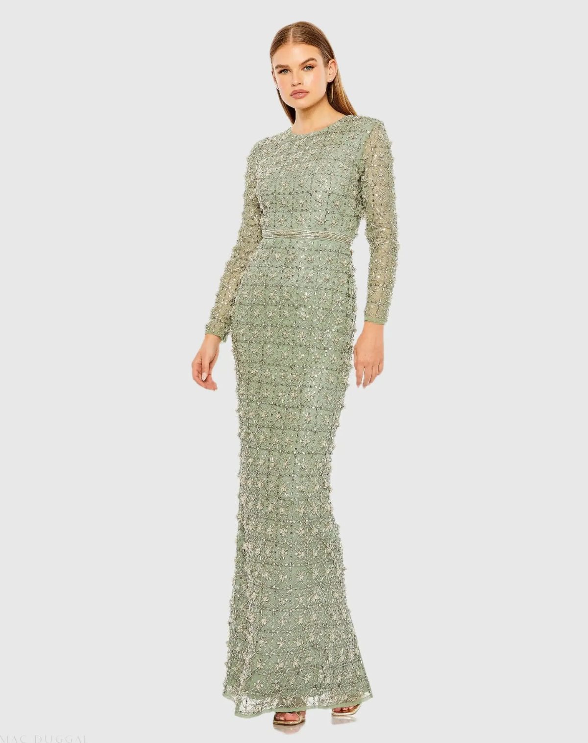 Mac Duggal, Long sleeve high neck modest beaded gown, Jade Green #93827