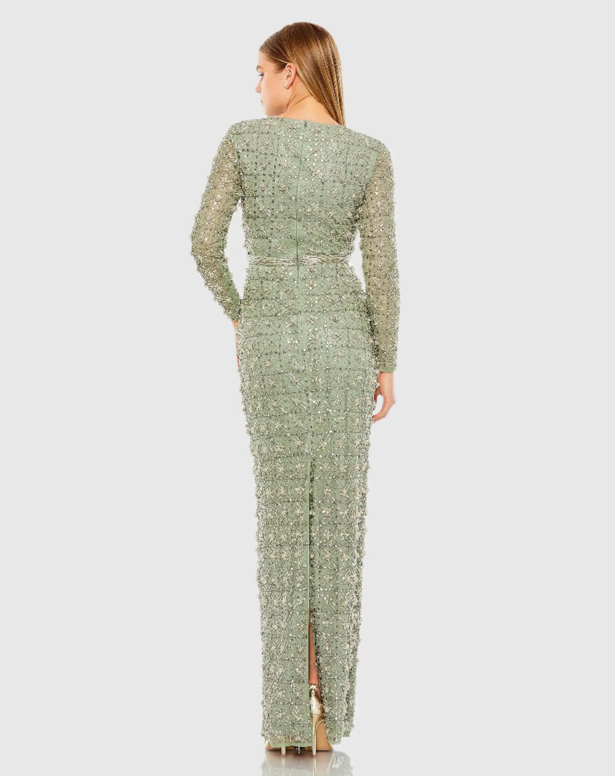 Mac Duggal, Long sleeve high neck modest beaded gown, Jade Green #93827