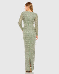 Mac Duggal, Long sleeve high neck modest beaded gown, Jade Green #93827