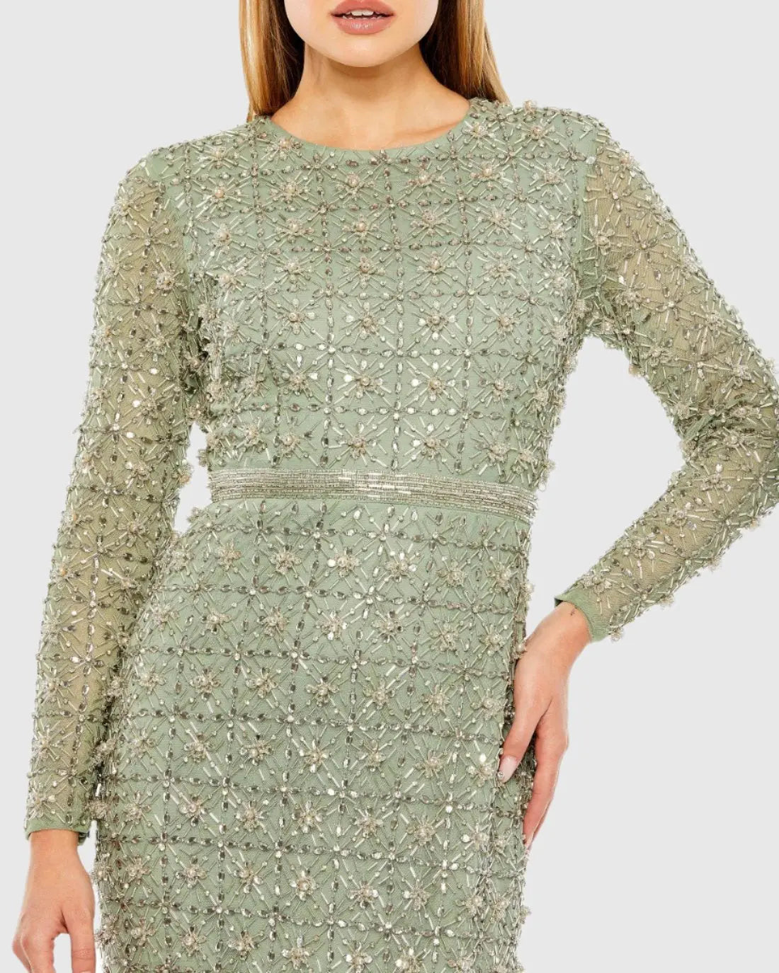 Mac Duggal, Long sleeve high neck modest beaded gown, Jade Green #93827