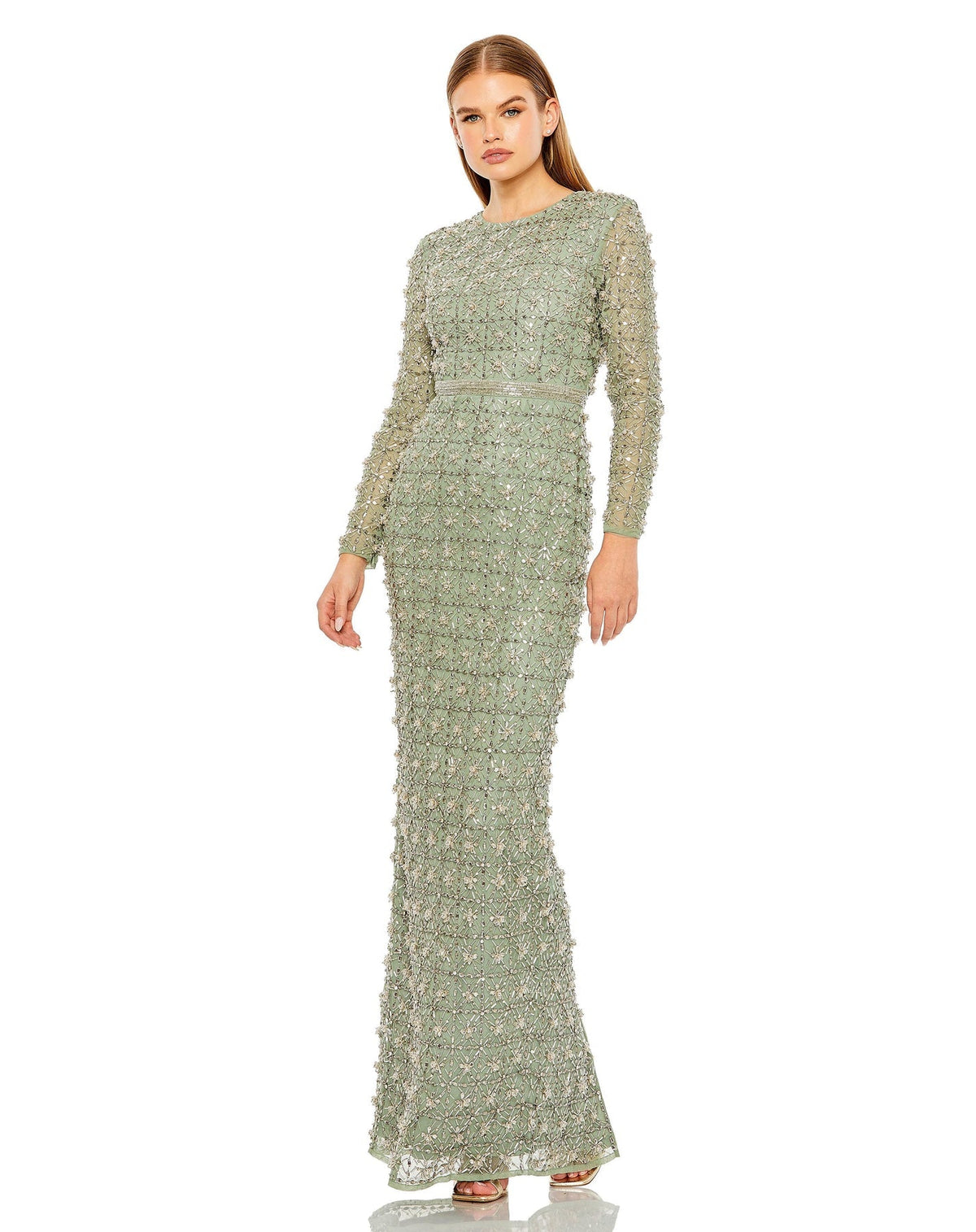 Long sleeve high neck beaded gown - Jade