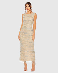 Mac Duggal #93834 nude sleeveless embellished dress with fringe hem