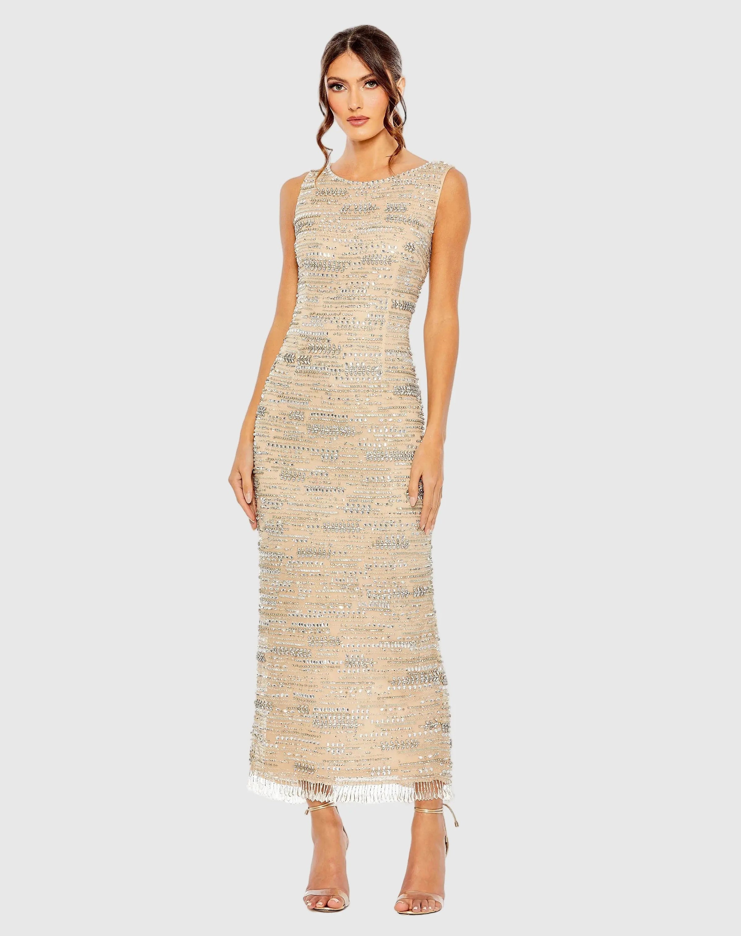 Mac Duggal #93834 nude sleeveless embellished dress with fringe hem