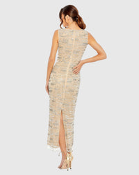 Mac Duggal #93834 nude sleeveless embellished dress with fringe hem