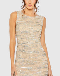 Mac Duggal #93834 nude sleeveless embellished dress with fringe hem