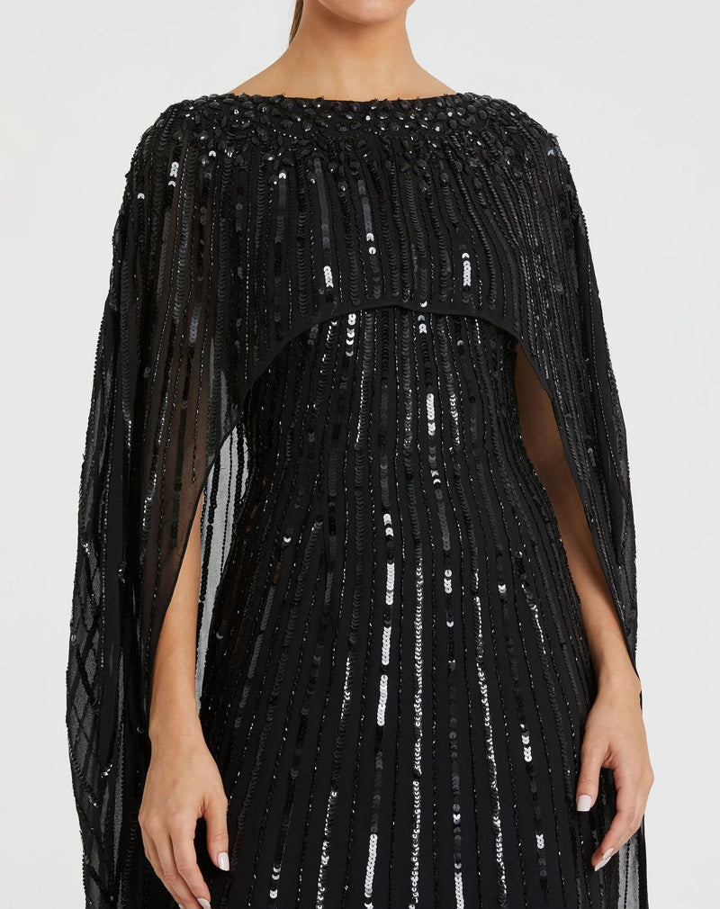 Embellished sequin column cape-effect evening gown - Champagne