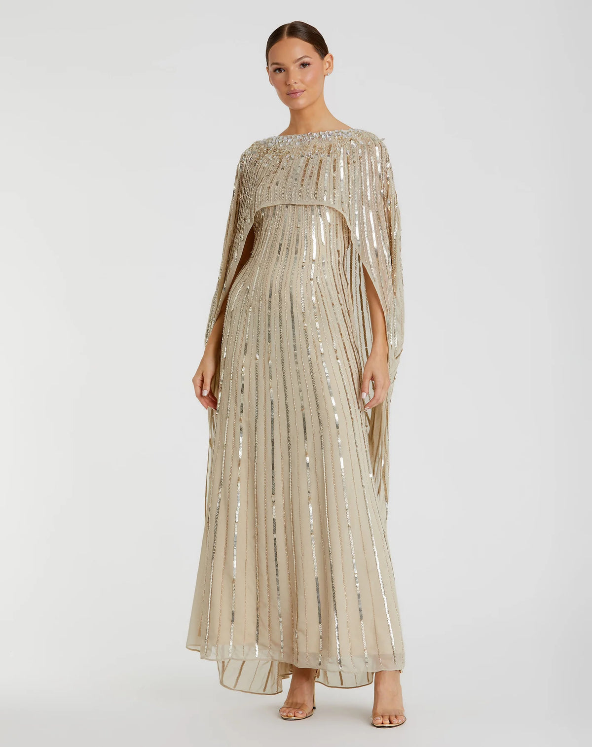 Mac Duggal, Embellished column cape evening gown - champagne #93869 