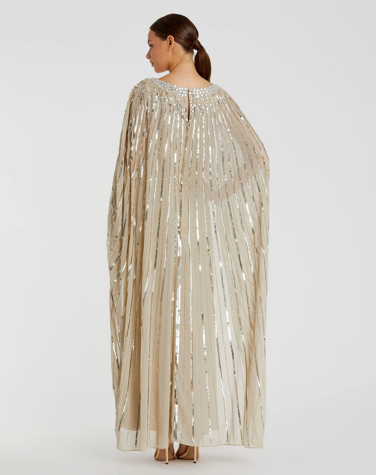 Embellished sequin column cape-effect evening gown - Champagne