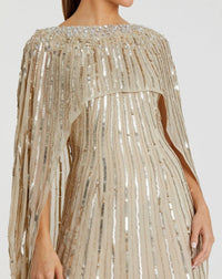 Embellished sequin column cape-effect evening gown - Champagne