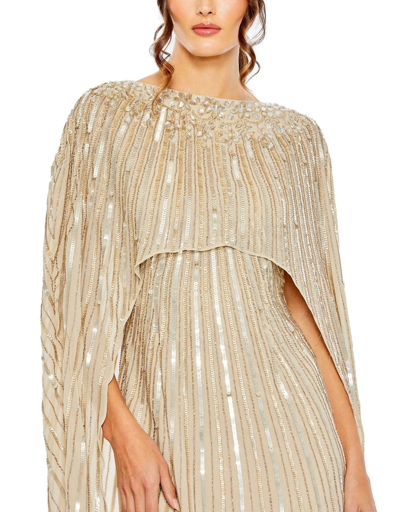Embellished sequin column cape-effect evening gown - Black