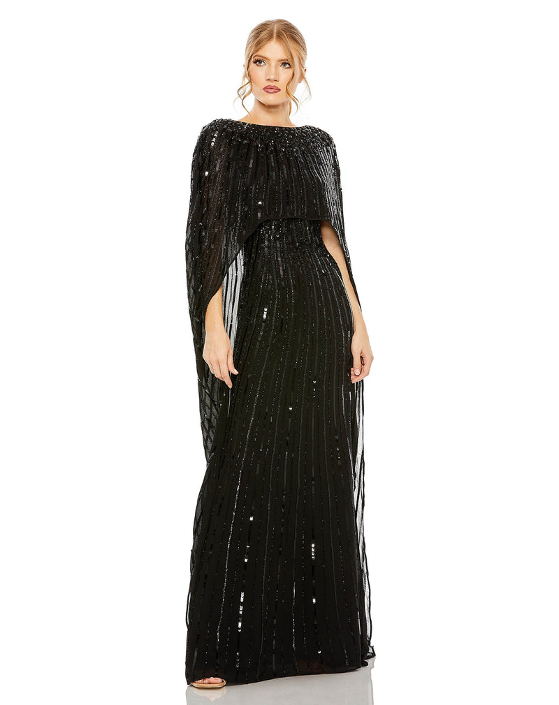 Embellished sequin column cape-effect evening gown - Black