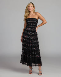 Mac Duggal #9388 black multi strapless micro ruffle midi dress