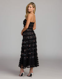 Mac Duggal #9388 black multi strapless micro ruffle midi dress
