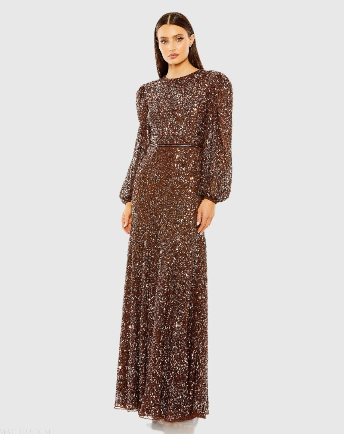 Mac Duggal Brown Sheer Long Sleeve Embellished Gown #93902 