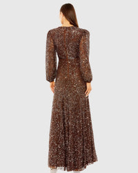 Mac Duggal Brown Sheer Long Sleeve Embellished Gown #93902 