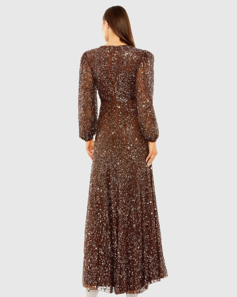 Mac Duggal Brown Sheer Long Sleeve Embellished Gown #93902 