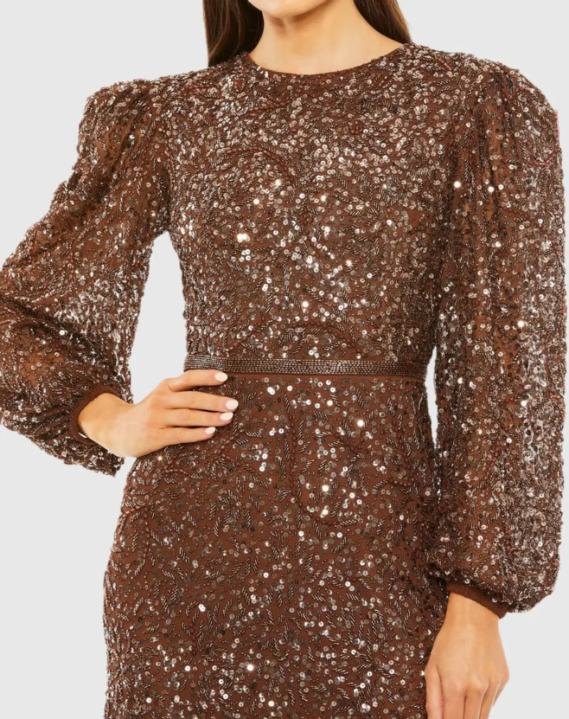 Mac Duggal Brown Sheer Long Sleeve Embellished Gown #93902 
