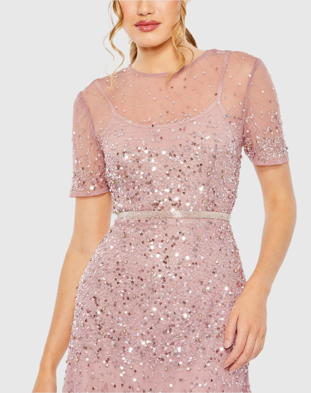 High Neck Short Sleeve Sequin Embellished Gown - Rosewood